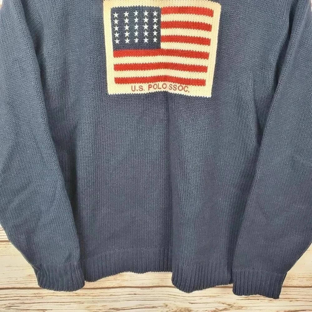 US Polo Assn Mens XL Navy Blue USA Flag Logo Wool Blend Crewneck Sweater